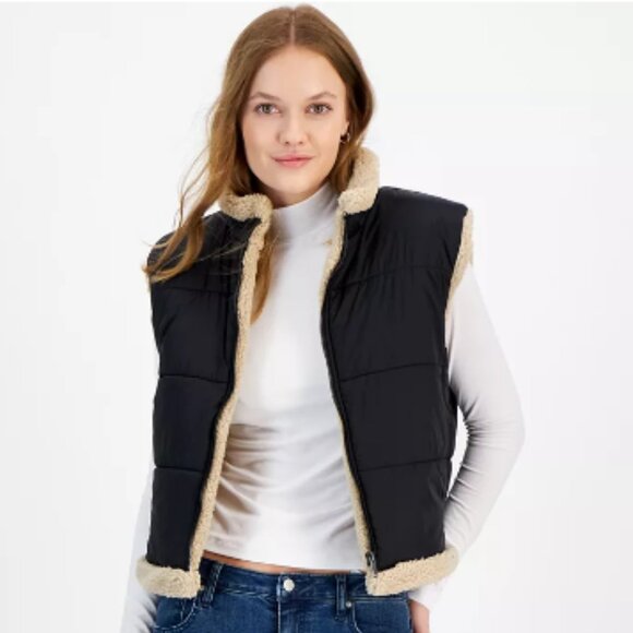 Now + This Sherpa‎ Fleece-Lined Vest – Black & Cream Beige – Size Small - Picture 1 of 14